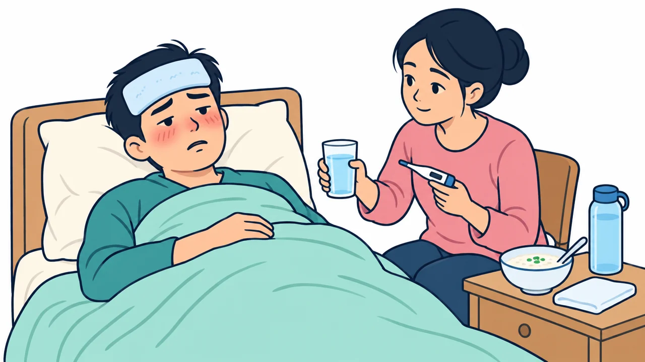 Người bệnh sốt nằm nghỉ, người nhà mang nước ấm và đo nhiệt độ