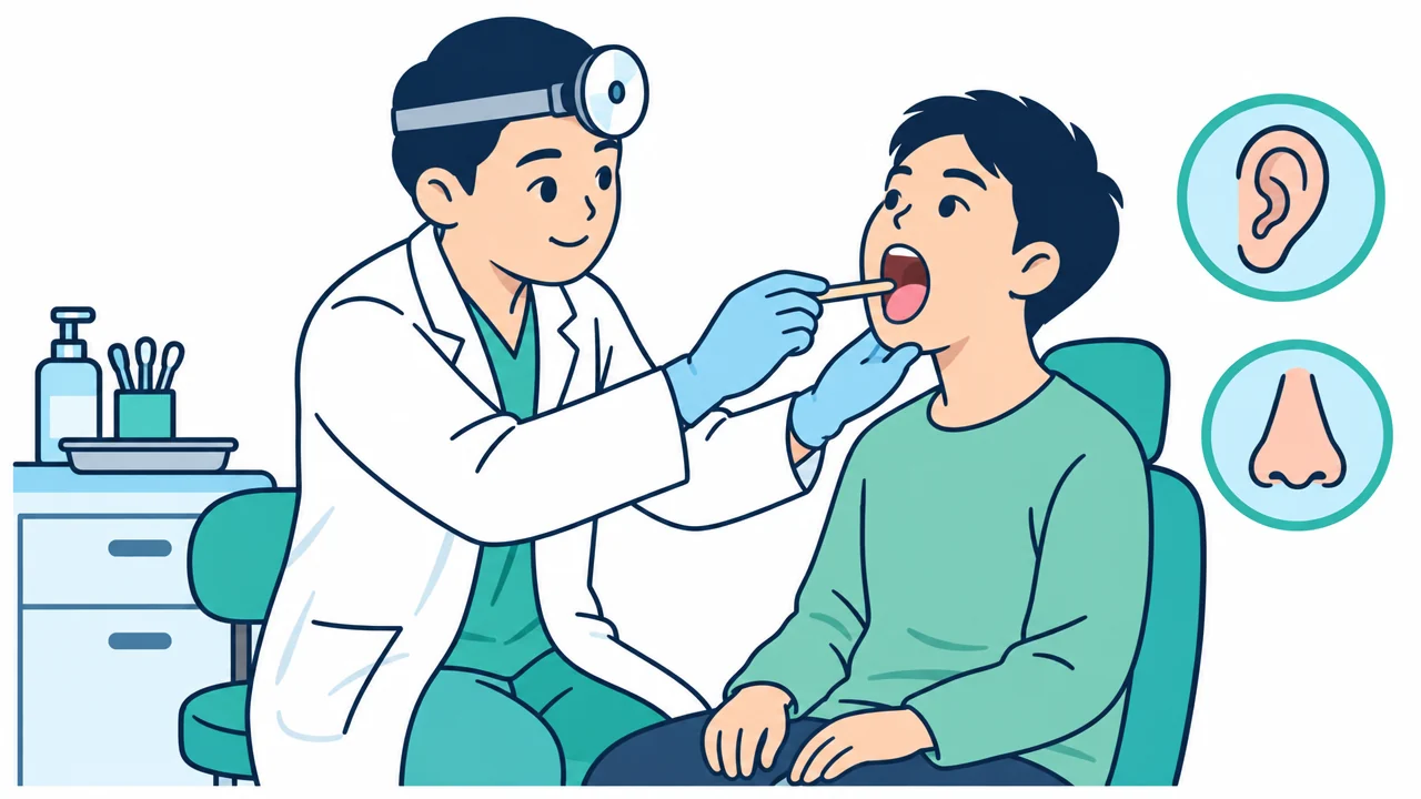 Bác sĩ Tai Mũi Họng khám họng cho người bệnh, cạnh đó là hình tai và mũi